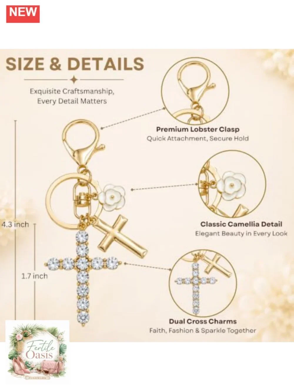 Double Cross Rhinestone Keychain Bag Charm Women Christian Purse Charm